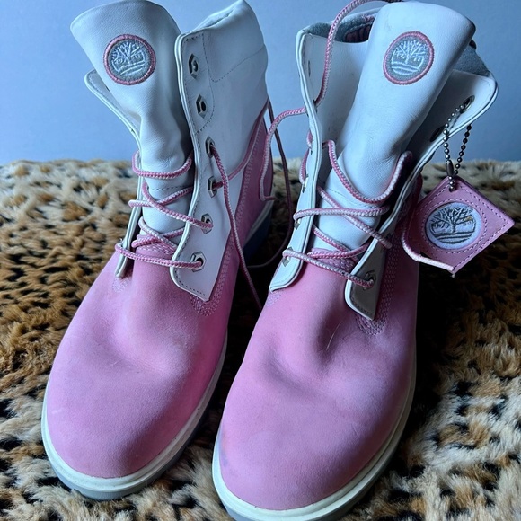 Timberland Pink & White Leather Boots Women’s Size 8M - Picture 2 of 10